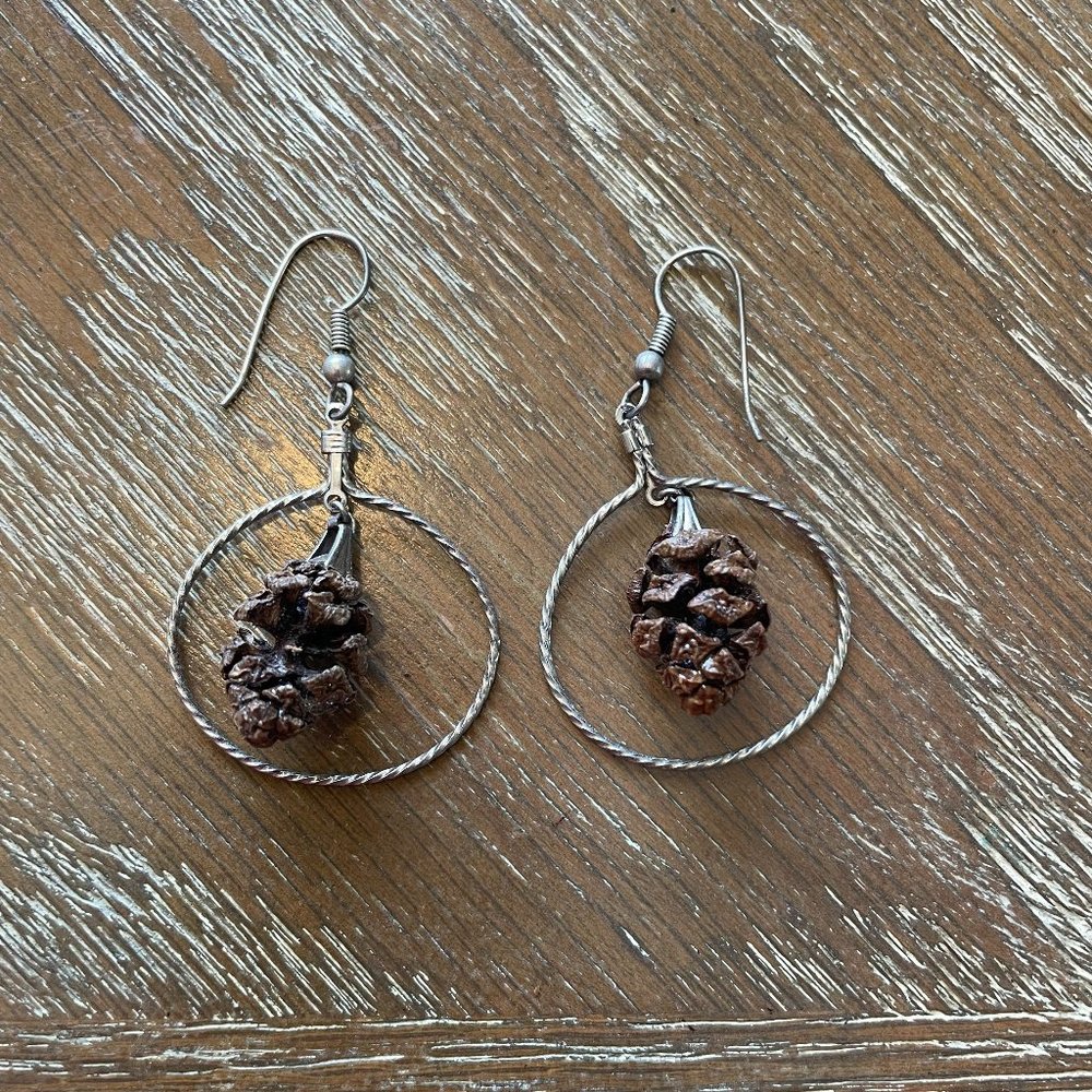 Vintage PINE CONE Dangle Drop Rope Hoop Hook Earrings